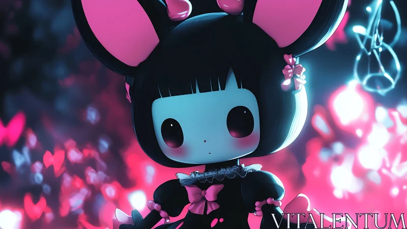 Cute gothic bunny girl character in glowing neon light