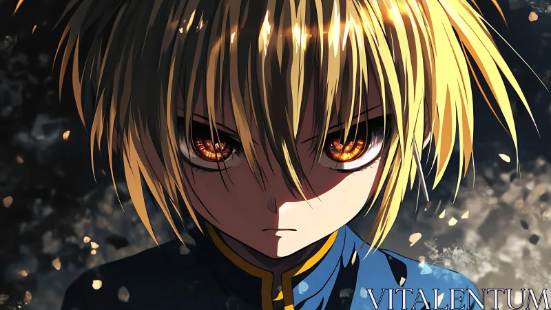 Intense anime character with glowing amber eyes stares ahead.