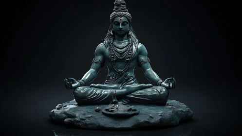 3D-rendered meditative deity sculpture on basalt plinth.