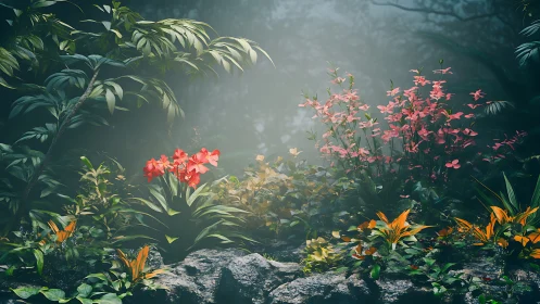 Tropical Garden with Misty Atmospheric Light and Layered Blooms.