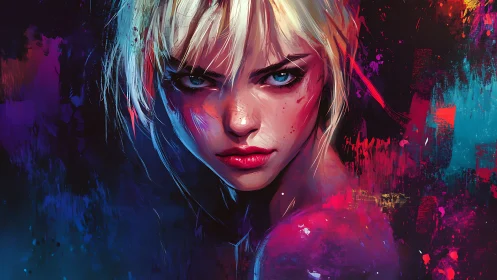 Fierce neon portrait of a rebel girl in electric color storm.