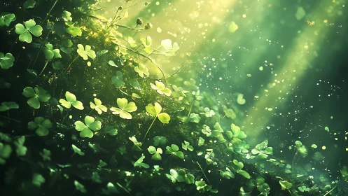 Sunlit clover glade where tiny forest wishes sparkle.