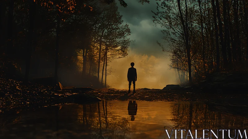 Silhouetted child stands by misty forest water at dusk.