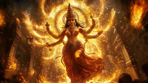 Hindu goddess figure in fiery temple environment digital art.