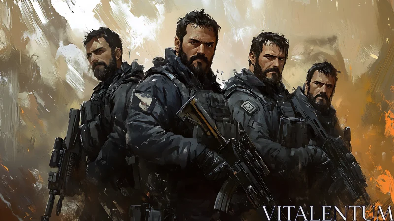 Elite tactical squad stands united in painterly battleground.