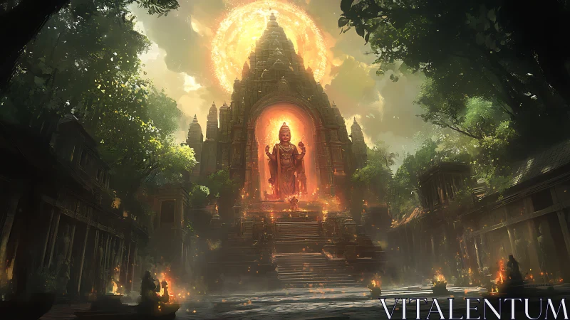 Sunlit jungle temple and radiant guardian statue portal.