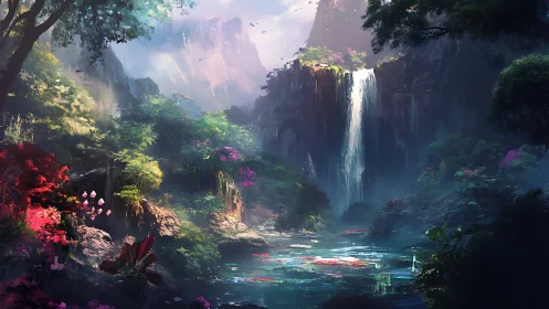 Lush fantasy canyon with tall waterfall and lagoon.