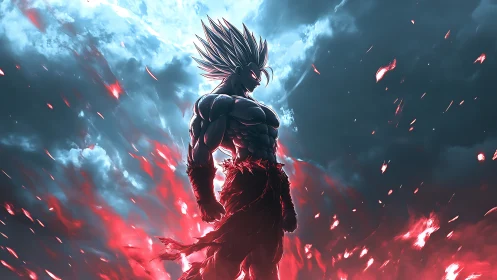 Warrior silhouette channels blazing red energy under storm