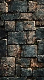 Weathered stone block wall with irregular dark surfaces.
