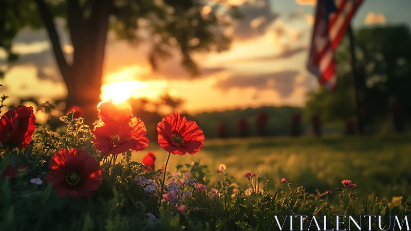 Sunset-kissed poppies hold quiet vigil beneath soft flags