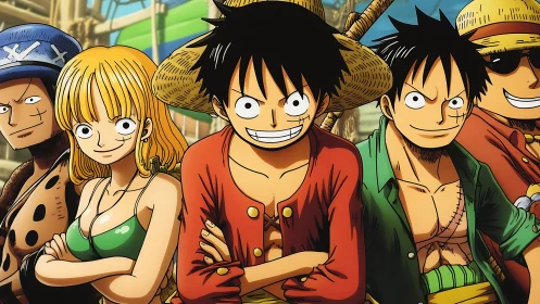 Straw-hat pirates stand confident on sunny wooden ship deck