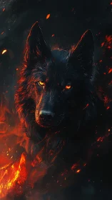 Black wolf emerges through blazing embers and shadowed smoke.