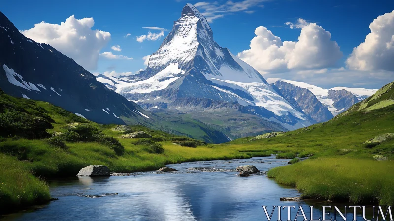 Snowy mountain peak rises above clear river and green valley