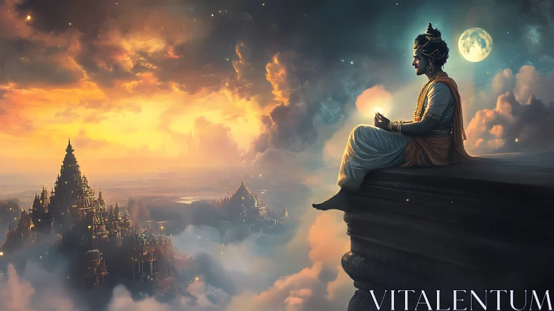 Robe-clad figure meditates above illuminated temple city