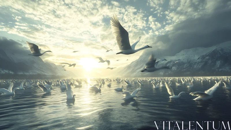 Migrating swans traverse glacial fjord under dramatic backlight