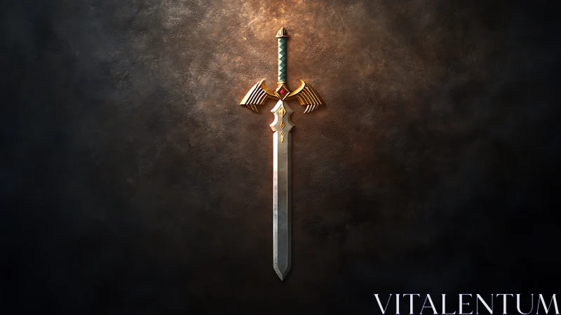 Winged paladin greatsword glows against storm-dark wall.