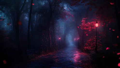 Moody night forest path lit by red glowing street lamps.