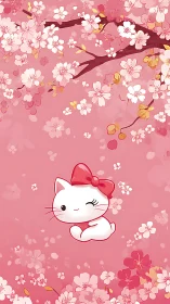 Playful white kitten winks amid dreamy cherry blossoms