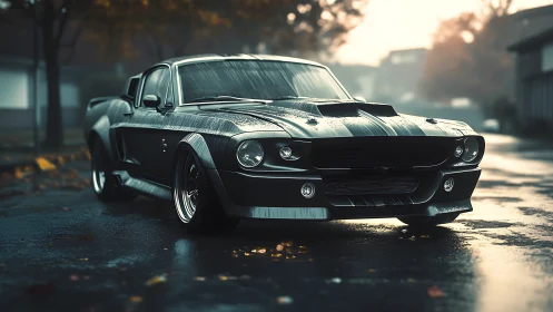 Retro muscle car rendered on wet autumn city street.