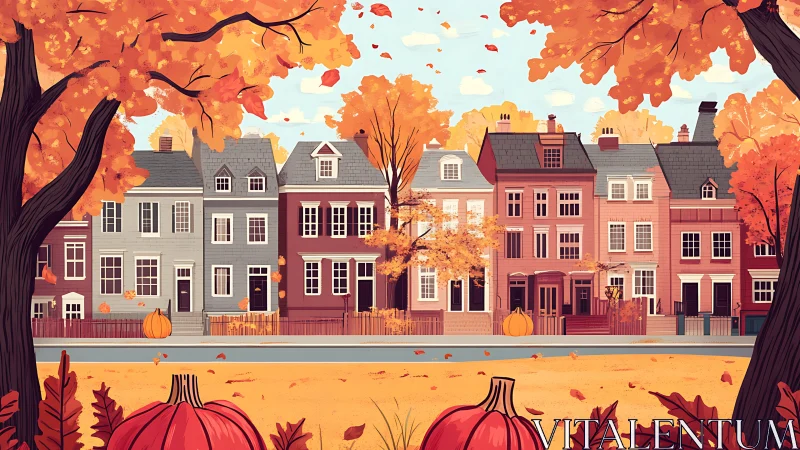 Row houses with pumpkins in a tree-lined autumn street scene.