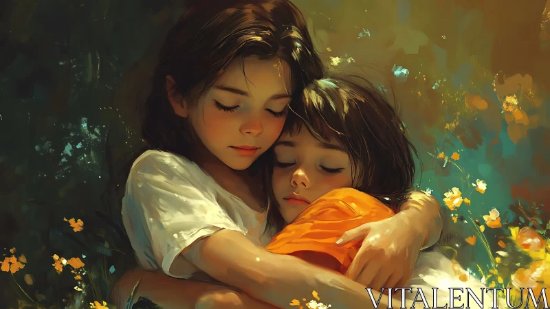 Two figures embrace surrounded by luminous golden and teal flowers.