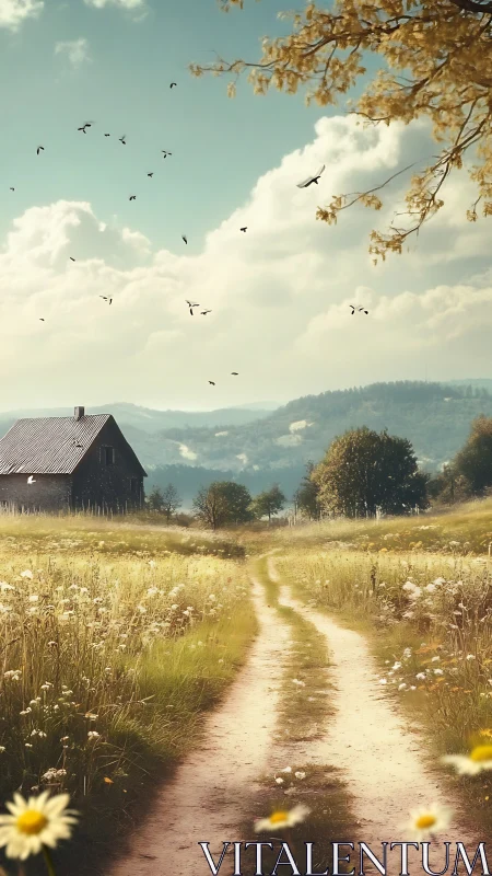 Rural dirt path leading to solitary house in open meadow.