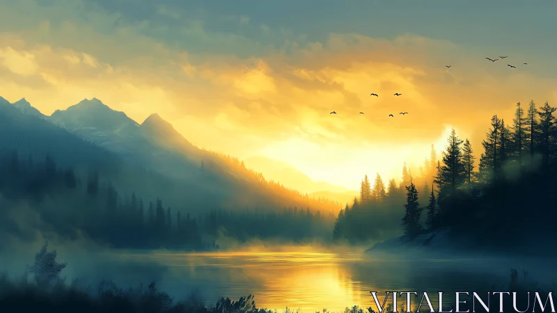 Sunrise-illuminated alpine lake with volumetric mist and silhouetted pines