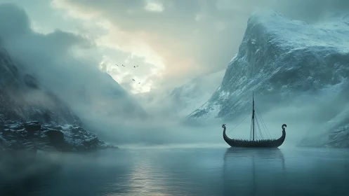 Silent viking longship drifting through mist-cloaked fjord.