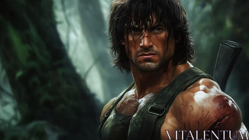 Battle-hardened jungle warrior stands tense in misty forest