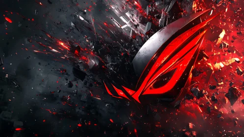 Red illuminated emblem fragments outward in dark 3D space