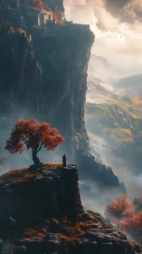 Solitary wanderer under crimson tree on misty cliffs.