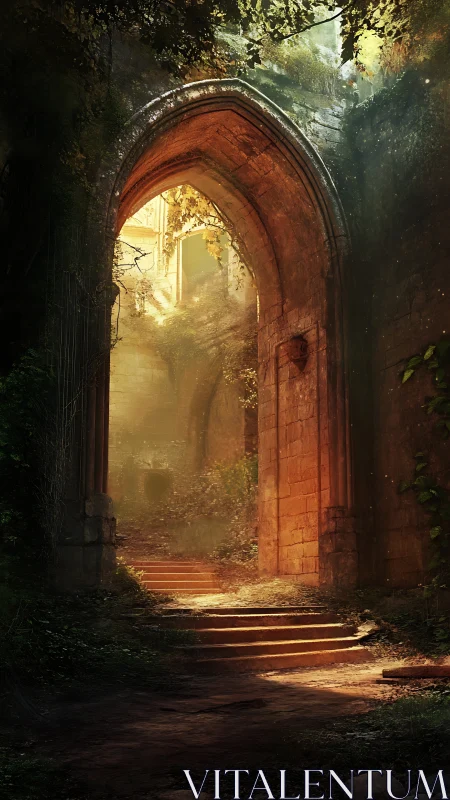 Sunlit stone arch reveals overgrown hidden courtyard