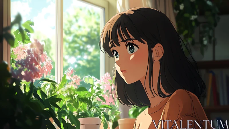 Anime interior portrait with windowlit botanical foreground focus.
