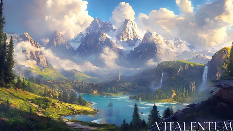 Mountain lake panorama with waterfalls and distant peaks.