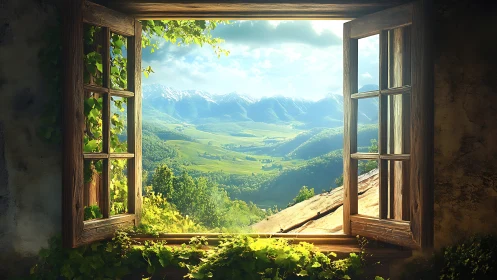 Vine-framed rustic window opening to luminous alpine valley.