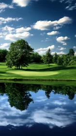 Mirror-still pond doubles a sunlit golf fairway dreamscape