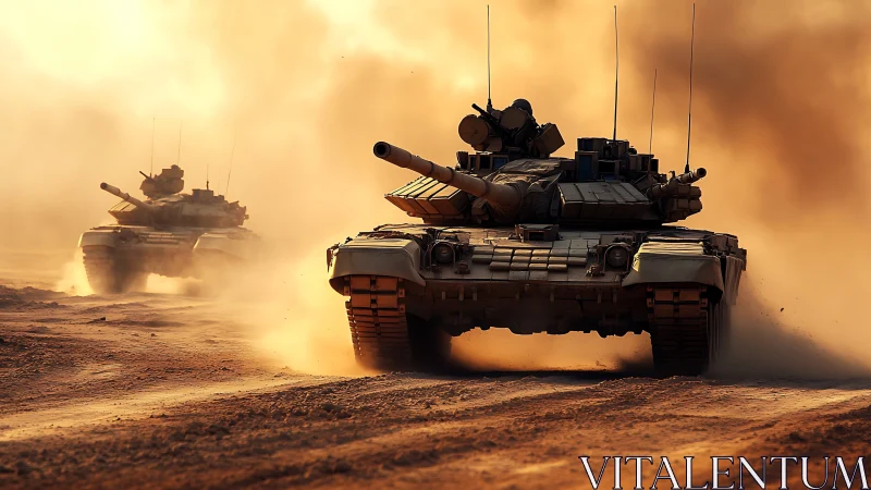 Main battle tanks advance through desert dust in golden light