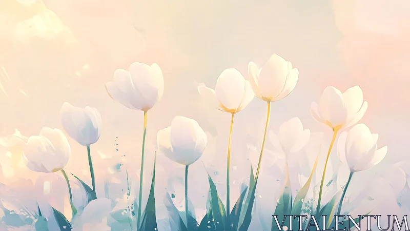 White Tulips in Soft Morning Light Against Pastel Sky.