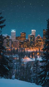 Snowy winter skyline with illuminated city towers at night.