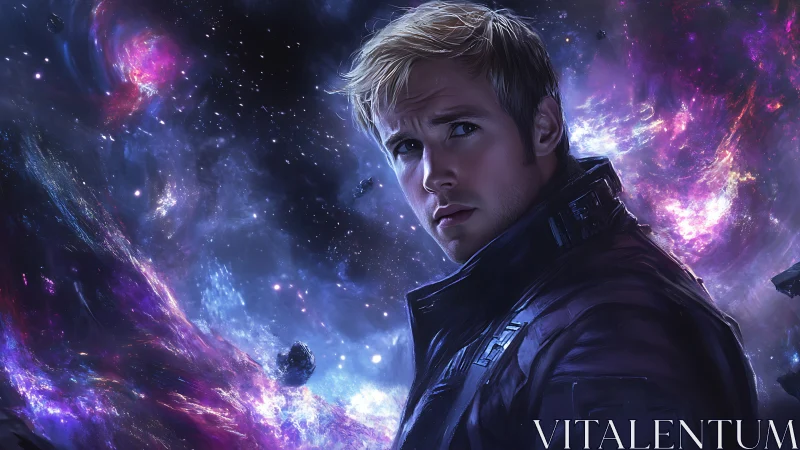 Starlit drifter pauses in a swirling violet nebula storm.