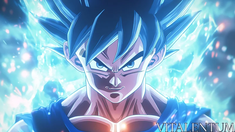 Anime warrior portrait radiates intense blue energy aura