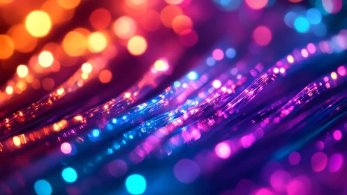 Neon fiber-optic strands curve through iridescent bokeh field