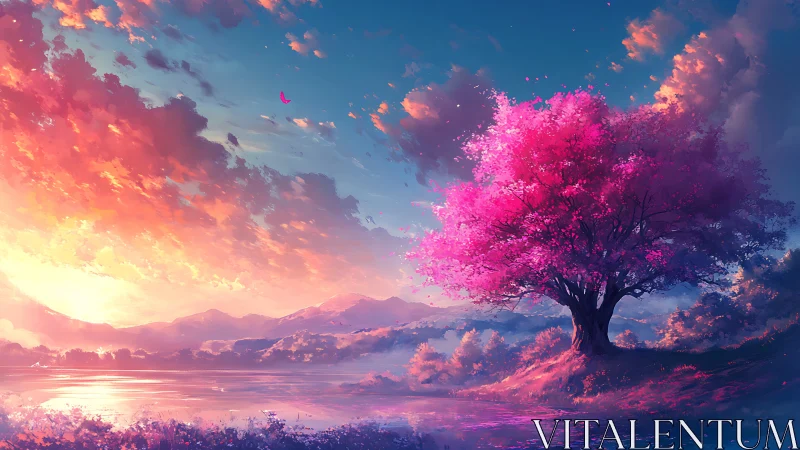 Pink blossom tree stands beside lake under vivid sunset sky