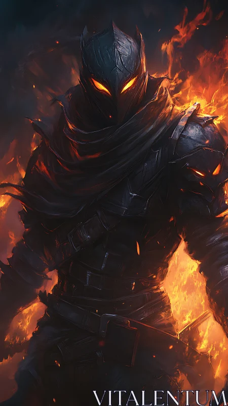 Infernal armored wraith with ember eyes in flaming battleground