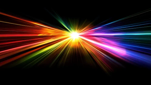 Vivid multicolored light burst in abstract digital style on black background.