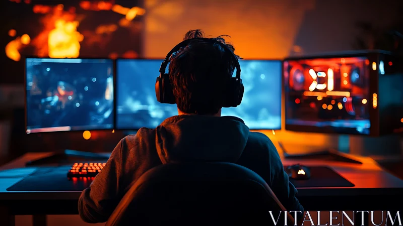 Photorealistic gamer workstation with RGB backlit rig.