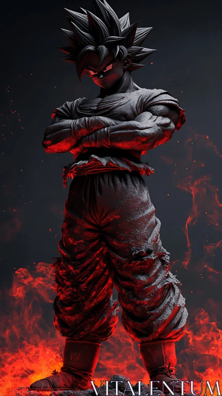 Spiky haired fighter in tattered clothing above red flames.