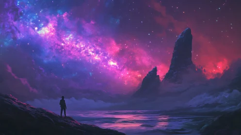 Stargazer beneath glowing cosmic tides and violet cliffs.