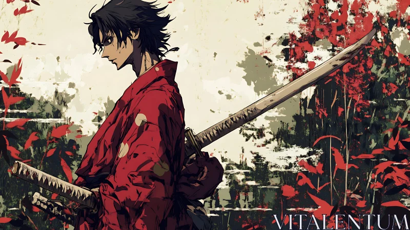 Samurai profile in red kimono with weathered katana and foliage contrast