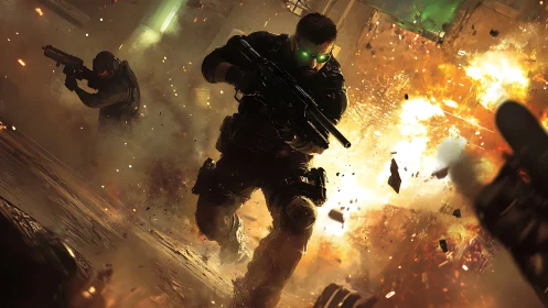 Tactical operative charges through blazing urban explosion.